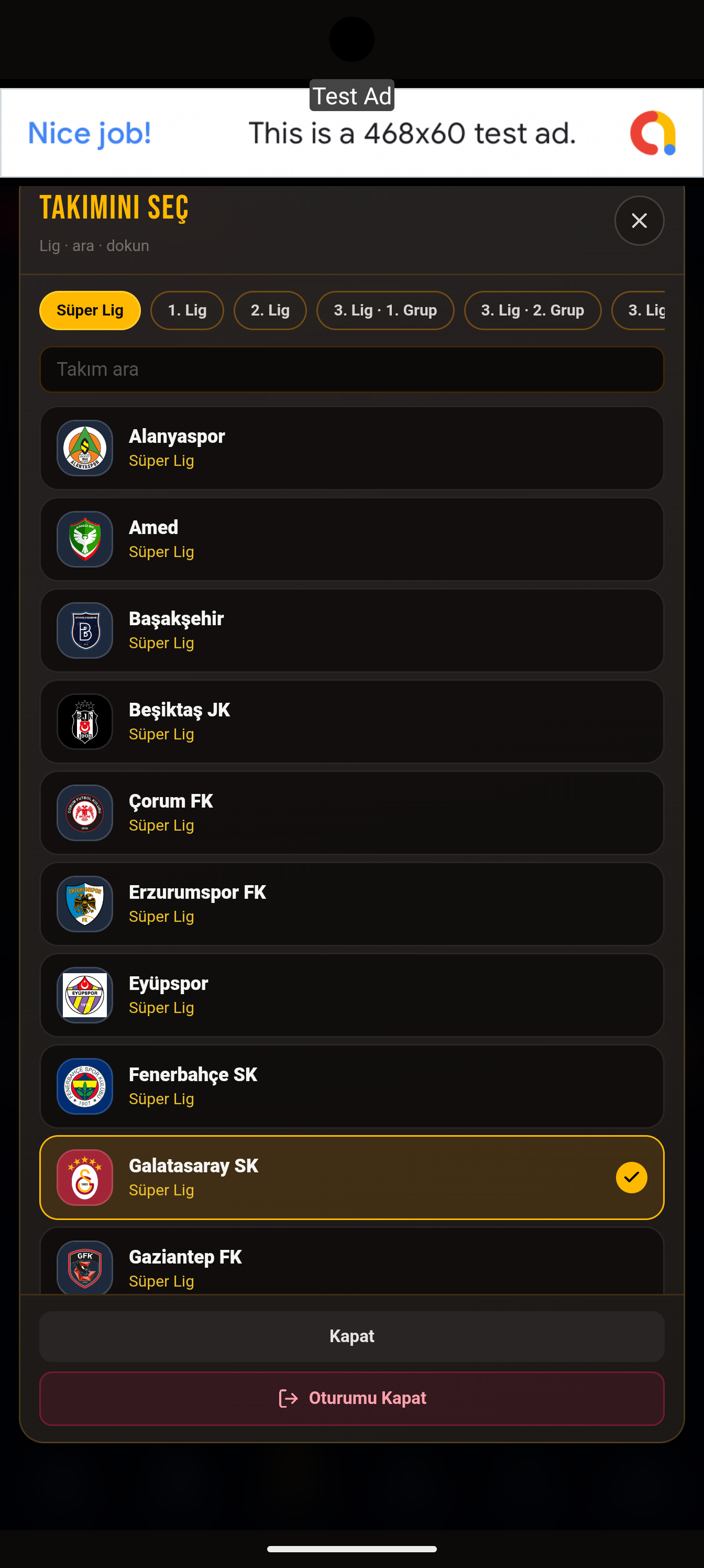 Takım ve lig seçimi